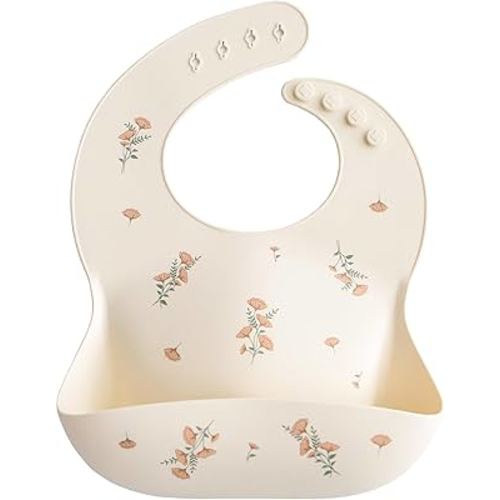 mushie Silicone Baby Bib | Adjustable Fit Waterproof Bibs (Pink Flowers)