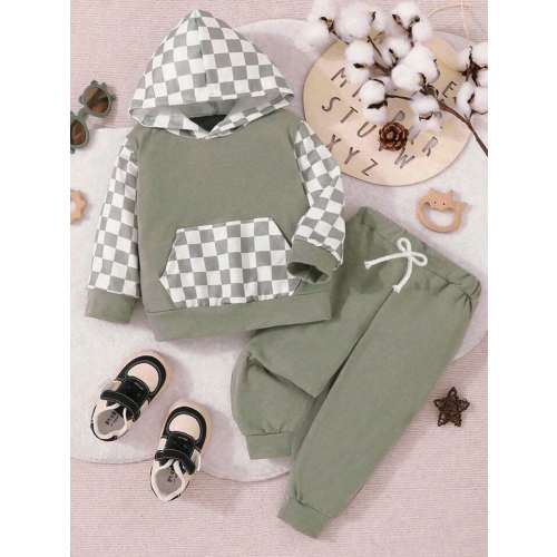 Baby Boys' Outfit With Hood, Pants, And Green Plaid Sweatshirt, Autumn/winter