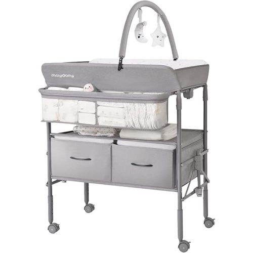 Maydolly Baby Changing Table, Portable Folding Changing Table with Wheels, Waterproof and Adjustable Height, Premium Diaper Changing Station with Two Drawers, Mobile Nursery for Newborn (Grey)
