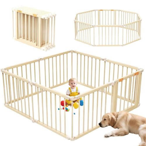 Baby Playpen, Wooden Playpen For Babies and Toddlers, Foldable Play Yard with Gate, 8 Panels Baby Fence, Indoor Play Area, Child Activity Center