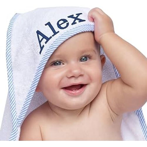 My Personal Memories Personalized Baby Hooded Bath Towel - Monogrammed for Girl and Boy - Embroidered (White with Blue)