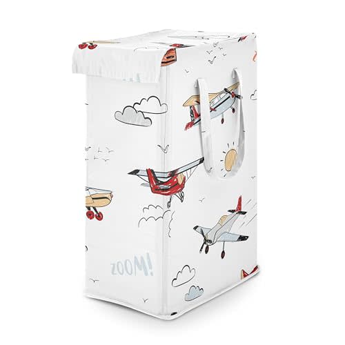 Sweet Jojo Designs Vintage Airplane Boy Laundry Hamper Foldable Dirty Clothes Basket with Handles for Baby Nursery Kids Bedroom Teen Bathroom Airplanes Air Plane Transportation Clouds Sun Sky Aviator