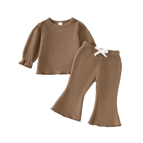 Koecnoc Baby Girl Fall Outfit Toddler Girl Winter Clothes Baby Lantern Sleeve Top and Flared Pant 2-Piece Waffle Clothing Set
