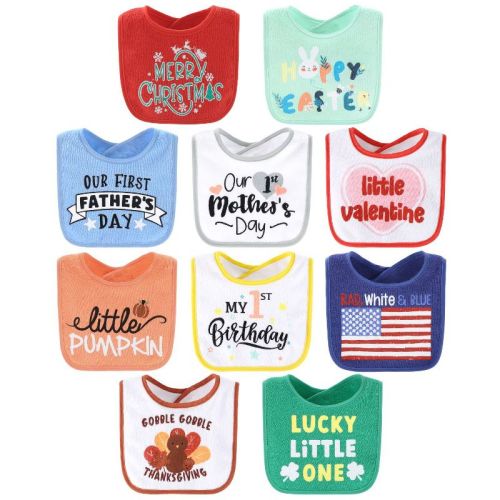 The Peanutshell New Holiday and Baby's First Terry Baby Bib Set for Boys and Girls, 10-Pack