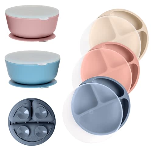WeeSprout 3 Silicone Suction Plates with Lids & 2 Bowls Bundle for Toddler Feeding - Divided Design - Microwave & Dishwasher Safe - for Babies & Kids