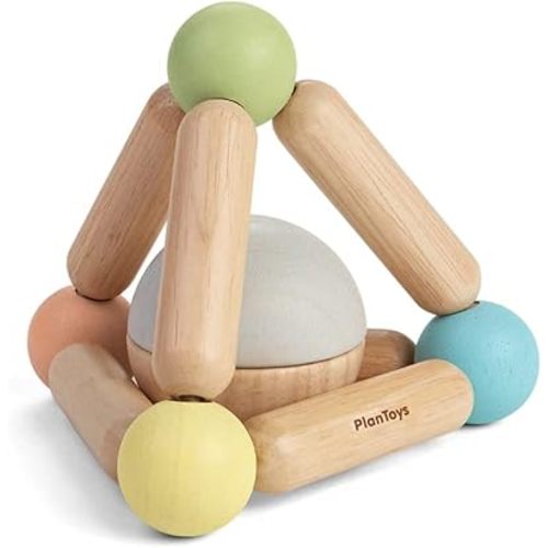 PlanToys Wooden Clutching Triangle Baby Toy with Gentle Sound in Two-Toned Ball (5256) | Pastel Color Collection |Sustainably Made from Rubberwood and Non-Toxic Paints and Dyes