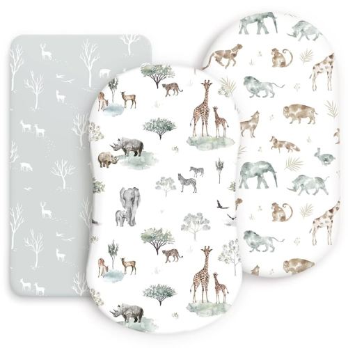 Ultra Soft Fitted Bassinet Sheets 3 Pack, Universal Fitted for.Baby Cradle Moses Basket Oval Rectangle Mattress Safe and Snug, Stylish Bassinet Mattress Sheets for Baby, Cute Animals Print