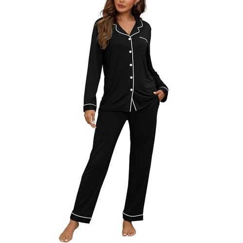 ZMJ Womens Pajamas Sets 2 Piece Long Sleeve and Pant Pj Sets Button Up Sleepwear