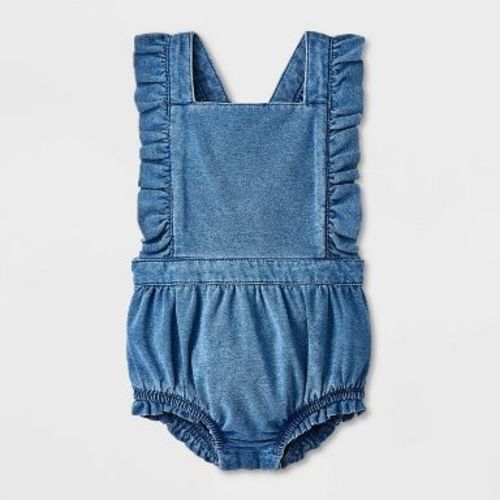 Baby Girls' Ruffle Romper - Cat & Jack™ Blue 3-6M: Cotton Spandex, Crisscross Back, Adjustable Straps