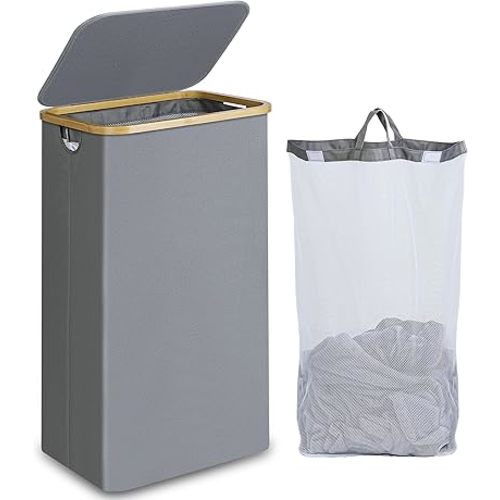 Laundry Basket with Lid and Removable Bag, 100L Tall Laundry Hamper with Bamboo Handles, Aesthetic Dirty Clothes Bin for Laundry Room, Bathroom, Bedroom and Dorm, Silver Grey