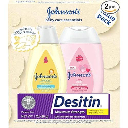 Johnson's Baby Care Essentials Gift Set, Body Lotion, & Zinc Oxide Diaper Rash Paste for Baby's Delicate Skin, Value Pack, Travel-Size, Bath Essentials Must Haves, Baby Gifts, 3 Items