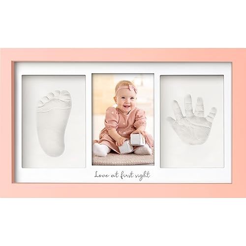 Baby Hand and Footprint Kit - Clay Handprint Keepsake Frame, Newborn Nursery Picture Frame, Personalized New Mom Gifts for Baby Shower & Registry (Sweet Pink)