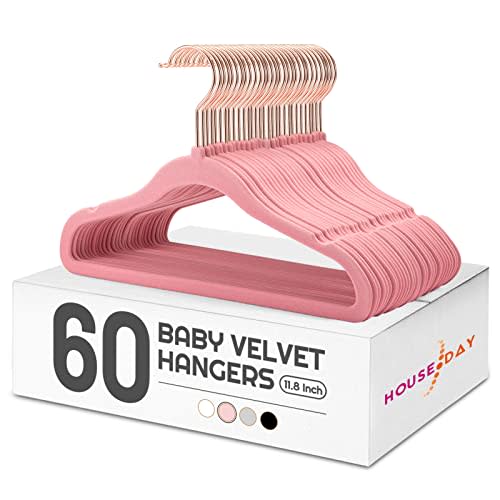 HOUSE DAY Velvet Baby Hangers for Closet, Kids Hangers Velvet 60 Pack, Non Slip Toddler Hanger 11.8 Inch, Durable Childrens Hanger for Newborn Baby Clothes- Blush Pink