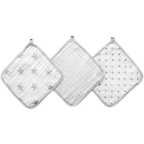 aden + anais Essentials Washcloth Set, Super Soft 100% Cotton Muslin, 3-Pack, Dusty Gray Stars