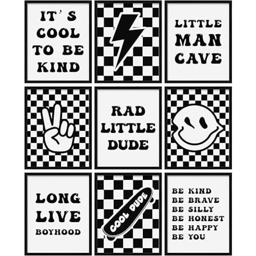 Eersida 9 Pcs Retro Checkered Preppy Lightning Peace Sign Long Live Boyhood Rad Little Dude Poster Prints Boys Poster Gifts for Boy Room Dorm Decor Wall Art Unframed 8 x 10 Inch(Black)