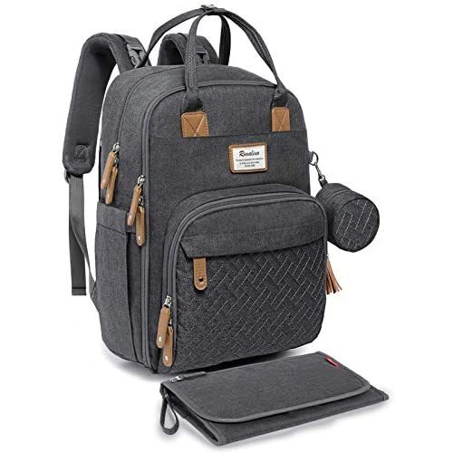 Diaper Bag Backpack, RUVALINO Neutral All-in-One Baby Bags for Boy Girl, Multifunction Large Travel Backpack with Portable Changing Pad, Stroller Straps, Pacifier Case and Insulated Pockets, Dark Gray