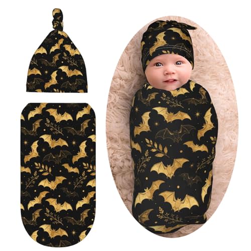 Broiteid Goth Bat Gothic Baby Stuff Newborn Baby Swaddle Blanket with Beanie Hat,Swaddle Blanket Gifts for Infant Shower Boys Girls