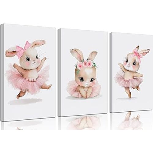 3 Pcs Pink Bunny Canvas Wall Art for Nursery Baby Room Cute Posters Prints Wall Decor Pictures Pink Preppy Dress Rabbit Ballet Paintings Artwork for Girls Room Bedroom Home Decoration