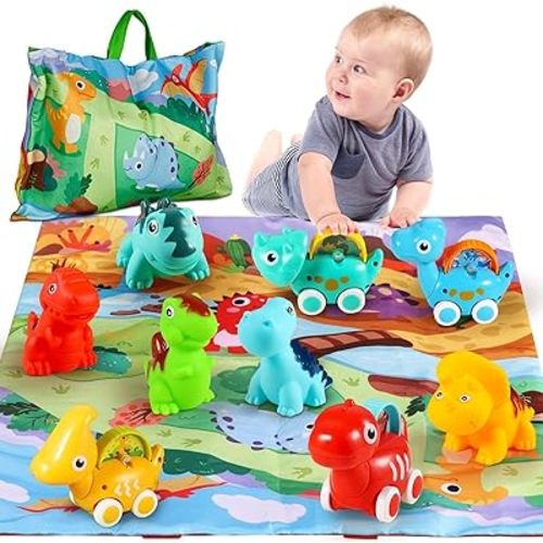 ALASOU 9 PCS Dinosaur Fantastic Creatures Toys with Playmat/Storage Bag|Baby Car Toys for 1 Year Old Boy Birthday Gift|1st Birthday Gifts for 6 12 18 Months|Stocking Stuffers for Toddler 1-3