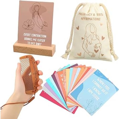 Yungyan 23 Pcs Birthing Comb Gifts Set Includes Wooden Labor Comb Pregnancy Birth Affirmation Cards Canvas Bag for Pregnant Women Labor Pain Relief Essentials, New Mom Positive Encouragement Gifts
