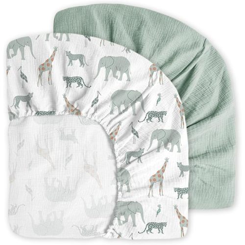 Little Grape Land Muslin Crib Sheets Fitted for Boys and Girls 2 Pack, 100% Cotton Baby Bed Sheets Soft Breathable, Neutral Fitted Baby Mattress Sheets for Standard Crib 52x28, Safari