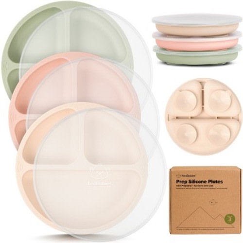 3-Pack Prep Suction Plates with Lids, 100% Silicone Baby Plates with Lid, BPA-Free Kids Divided Toddler Plates