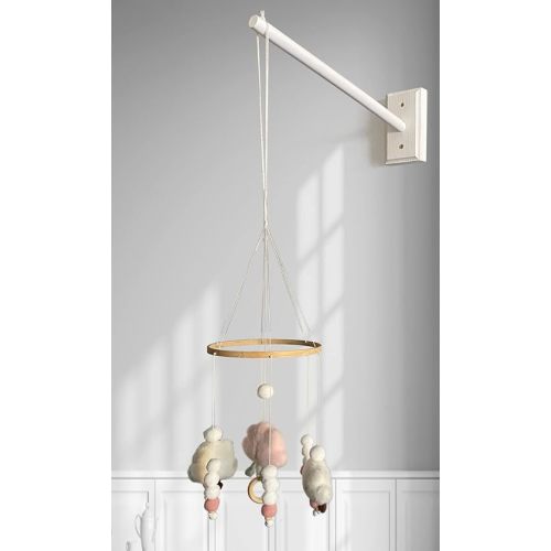 Mobile Wooden Arm, Wall Mounted Suitable for All Cribs 100% Natural Larch Hanger Nusery Decor Baby Room Safe Holder (White)