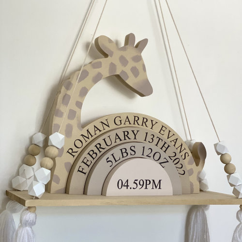 Giraffe Stacker Shelfie - Personalised Safari Themed Nursery - Beige giraffe Print Nursery decor - birth details wooden Giraffe - neutral
