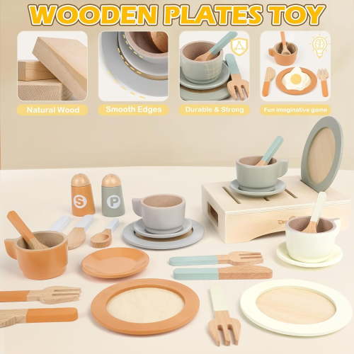 Wooden Dishes and Plates for Kids Kitchen Set, 27 PCS Wooden Kitchen Accessories, Safe and Toy for Toddlers 3-6 Years