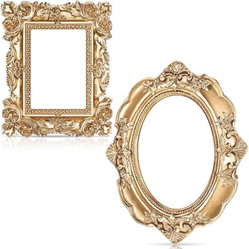 Leinuosen 2 Pcs Mini Gold Frames Vintage Resin Picture Small Antique Gold Tiny Oval Rectangle Baroque DIY Wall Hanging Frames for Home Decor Photo Props, Without Backing