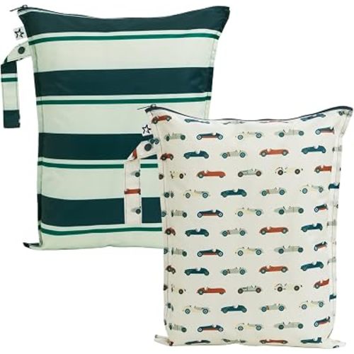 Tiny Twinkle Mess Proof Wet Bags | 2-Pack Reusable Waterproof Wet Bags for Swimsuits | Baby Clothes | Travel & Diaper Bag (Rugby Stripes,Vintage Cars)
