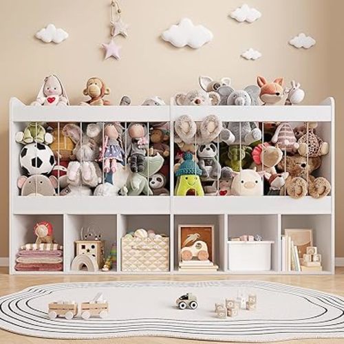 63.6"W Toy Storage Organizer with Stuffed Animal Storage, 240L Kids Stuffed Animal Holder & 6 Open Cubbies, Extra Large Kids Toy & Book Shelf for Playroom, Kids Room, Kindergarten, Classroom, White