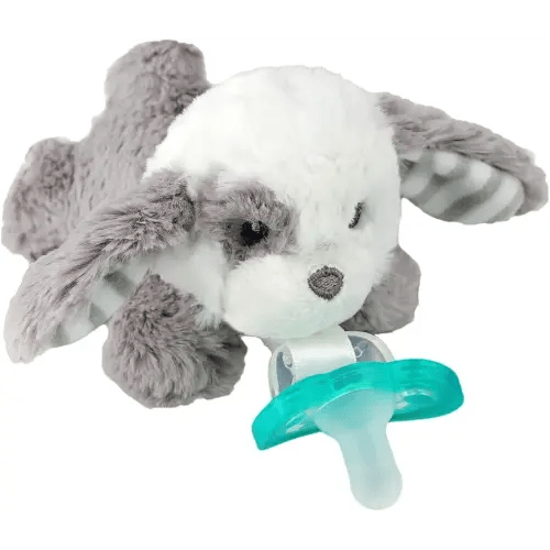 RaZbaby JollyPop Pacifier, Holder w/Detachable Baby Pacifier, Stuffed Animal RaZbuddy, All Ages 0M+, 100% Medical Grade USA Made Silicone, Machine Washable, Textured & Easy to Hold – Puppy
