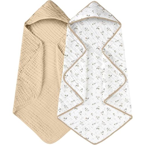 Yoofoss Hooded Baby Towels for Newborn 2 Pack 100% Muslin Organic Cotton Baby Bath Towel with Hood for Babies, Infant, Toddler and Kids, 32x32Inch, Soft and Absorbent Newborn Essential, Beige Floral