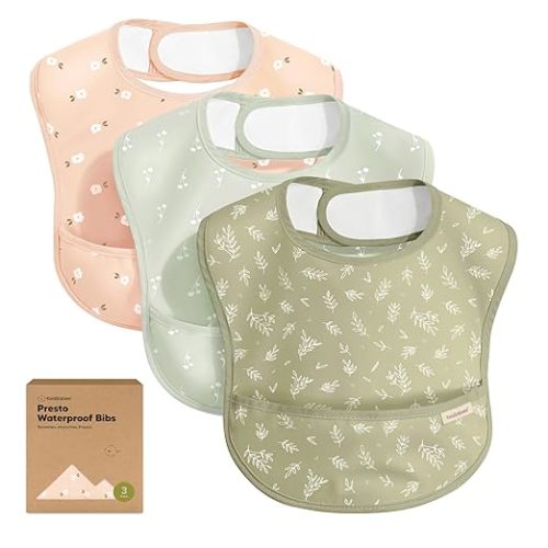 3-Pack Waterproof Baby Bibs for Eating - Lightweight Toddler Bibs for Baby Girl, Boy, Large Food Catcher, Mess Proof, Food-Grade Baby Feeding Essentials, Easy to Put On & Clean (Bloom)