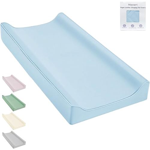 Vegan Leather Changing Pad Cover - 31"X 16" - Waterproof Wipeable, Extra Thick & Portable & Non-Slip Diaper Mat - Fits Standard Changing Tables for Baby Boy Girl (Blue)