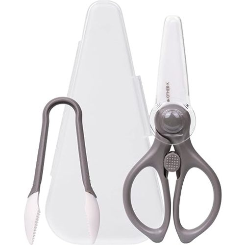 MOTHER-K Portable Ceramic Scissors with Tongs Set, Ceramic Scissors for Baby Food with Protective Blade Cover and Portable Case, Safety Lock (GREY)