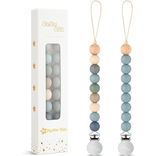 2 Pack Pacifier Clips, Silicone Pacifier Clip for Baby Boys and Girls, Baby Pacifier Strap with Silicone Beads, Soother Dummy Holder, Pacifier Holder, Keeps Pacifier Clean (Wilderness/Ether)