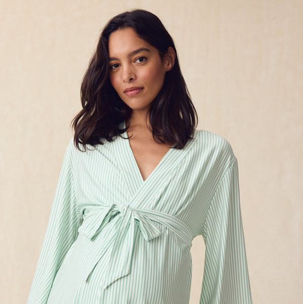 LAKE | Women | DreamModal® Pajamas | Parisian Green Pencil Stripe Maternity Kimono Bundle