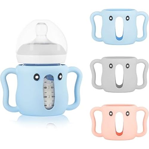3 Pack Sleeves for Avent Baby Bottle, BPA Free Silicone Sleeves with Handles for Avent Natural Glass Baby Bottles, Anti Breakage Cover for Phillips Glass Avent Bottles (Pink+Blue+Grey, 4 Oz)