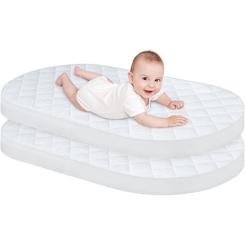 Bassinet Mattress Pad Cover 2 Pack Quilted Bassinet Mattress Protector Waterproof Bassinet Sheets (32"x17") for Boys & Girls, Fit for Hourglass/Oval Bassinet Mattress, White