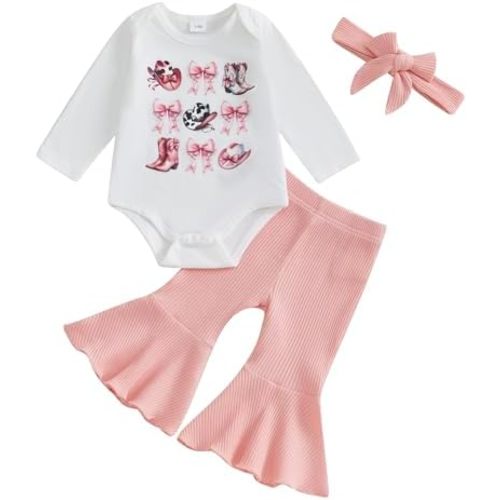 Baby Girls Western Clothes Set Let's Go Girls Bodysuit Ribbed Flared Pants Headband 3pcs Cowgirl Outfit