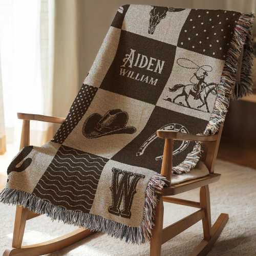 Western Baby Blanket with Name Cowboy Patchwork Woven Quilt Ranch Blanket Boy Western Nursery Crib Blanket Monogram Fringe Throw Longhorne