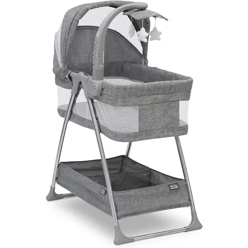 Simmons Kids City Sleeper Bedside Bassinet Portable Crib - Activity Mobile Arm with Nightlight, Vibrations, Twinkle Lights and Rotating Stars, Grey Tweed