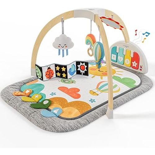 Move2Play, Montessori-Inspired Wooden Interactive Baby Play Gym | Kick & Play Piano | Thickly Padded Floor Play Mat | Tummy Time Must Have | Playmat for Newborns & Infants | Ages 0, 3, 6+ Months