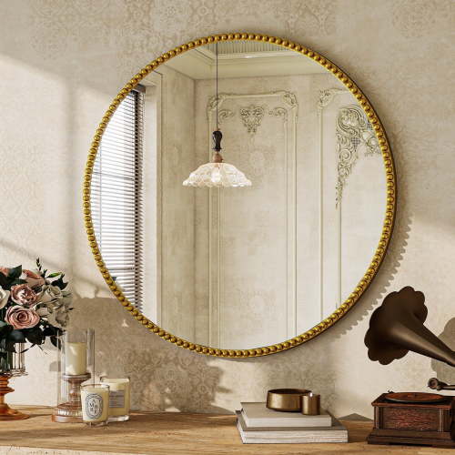 BEAUTYPEAK 24" Round Bathroom Mirror Vanity Mirror Wall Mounted With Beaded Frame,Gold
