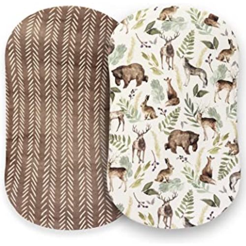 Pobibaby - 2 Pack Premium Bassinet Sheets for Standard Bassinets - Ultra-Soft Cotton Blend, Stylish Woodland Pattern, Safe and Snug for Baby (Wildlife)