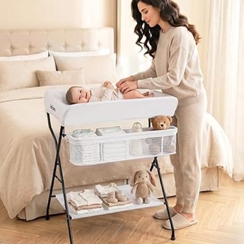 INFANS Baby Changing Table, Folding Diaper Station Portable Nursery Organizer with Safety Belt and Large Storage Racks for Newborn Baby and Infant (White)