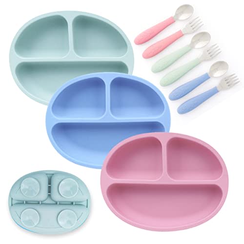 Elk and Friends Silicone Suction Plate for Babies/Toddlers + Stainless Steel Silverware Feeding Set | Divided Plate | Suction Design | Forks + Spoons Included | 3 Pack