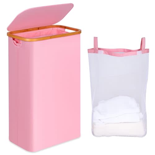 iEGrow 75L Slim Laundry Hamper, Narrow Laundry Basket with Lid,Foldable Clothes Hamper with Bamboo Handles,Hamper Basket with Removable Inner Bag for Laundry Room Bedroom College Dorm,19.8 Gals Pink